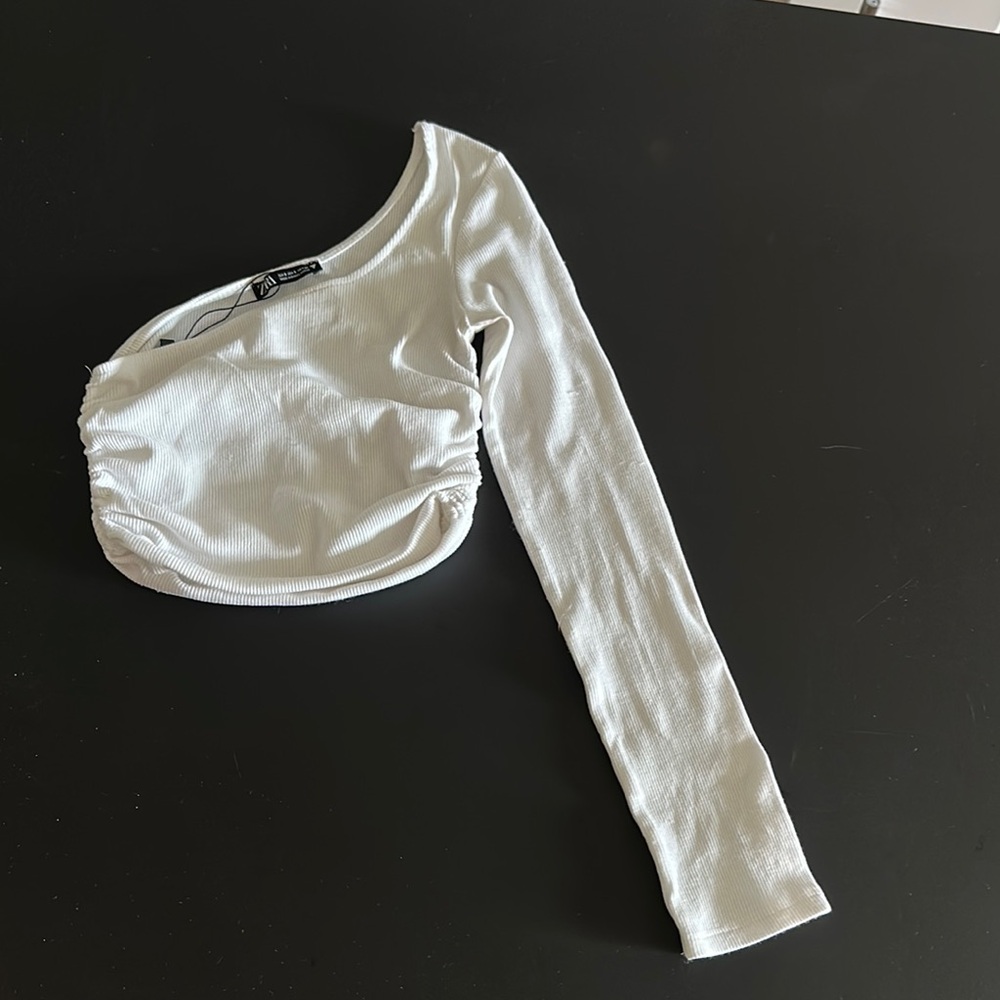 Zara Cream Asymmetrical Ruched Bodysuit